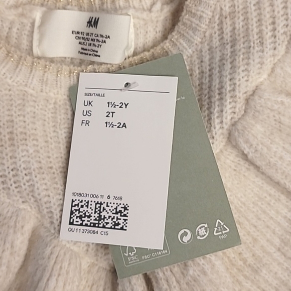 NWT H&M Flounce Trimmed Cozy Metallic Sweater Dress 2T Ivory Gold - Picture 6 of 7